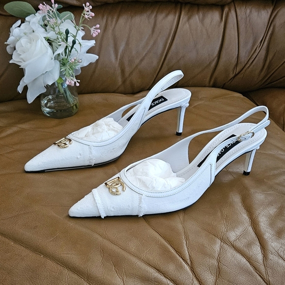Dolce & Gabbana White Denim Gold-Plated DG Kitten Heels Size 7 US (MINT) - Picture 1 of 15